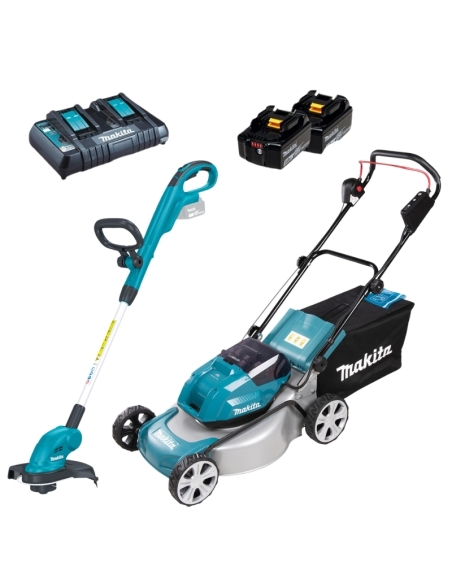 SET TONDEUSE LXT DLM463PT2 + DÉBROUISSAILLEUSE DUR181 Z + 2X ACCUS 18V 5A/H + CHARGEUR RAPIDE DOUBLE - MAKITA