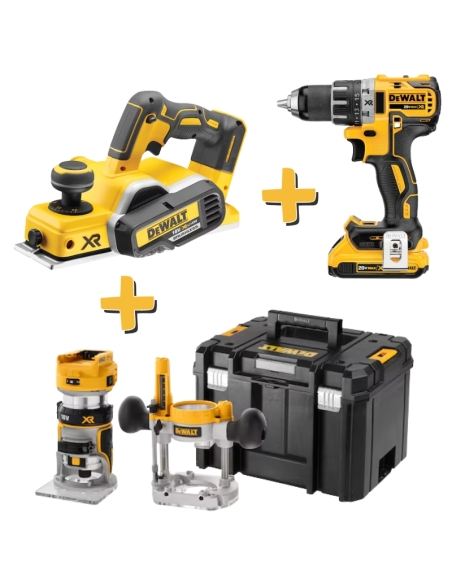 SET 1X RABOT DCP580NT-XJ + 1X AFFLEUREUSE DCW604NT-XJ + 1X VISSEUSE AVEC 2 ACCUS + 1X CHARGEUR - DEWALT