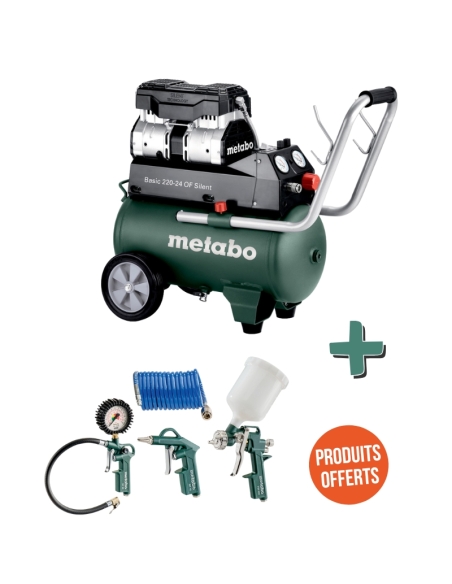 COMPRESSEUR BASIC 220-24 SILENT + SET D'OUTILS À AIR COMPRIMÉ OFFERT - METABO